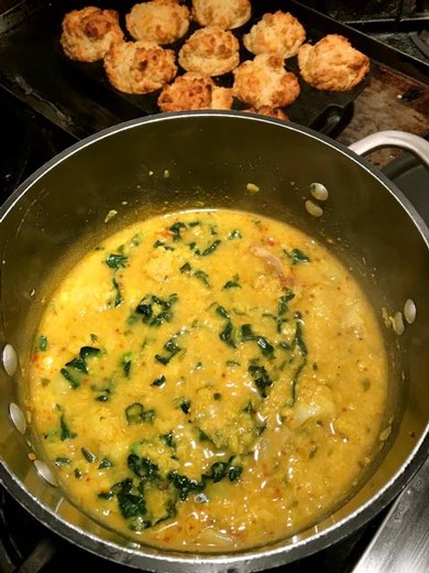 Curried Yellow Lentils with roasted cauliflower and kale